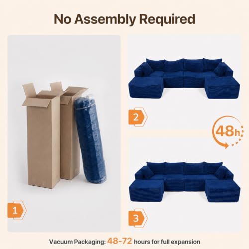 Image of Claiks 120 inch Boneless Couch, U-Shape Corduroy Sectional Sofa, Blue