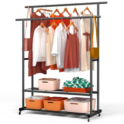 vounot® Portant à Vêtements Double Tringle en Métal avec Roulettes Penderie Vêtement Étagères avec 2 Étagères de Rangement Pour Entrée Chambre et...