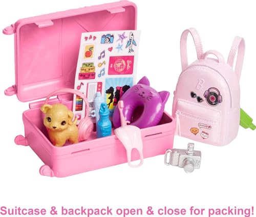 Barbie Doll and Accessories, “Malibu” Travel Set with Puppy and 10+ Pieces Including Working Suitcase​