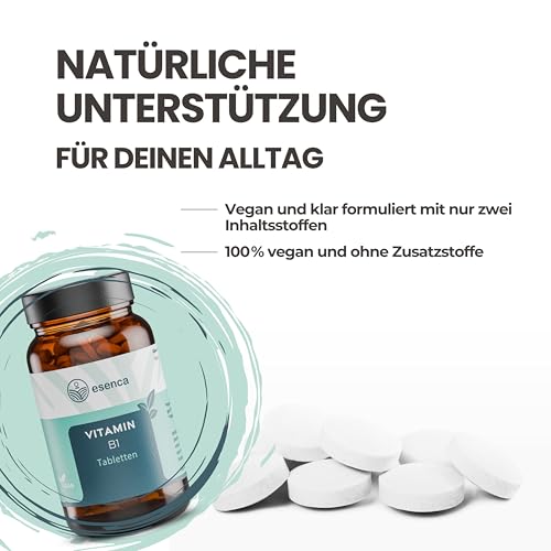 Esenca Vitamin B1 Tabletten – 180 Stück – je 100 mg Thiamin – Hochdosiert – 6 Monatsvorrat – Vegan – Ohne künstliche Zusatzstoffe – Frei von Farb- und Konservierungsstoffen