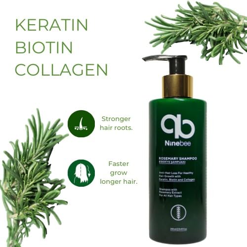 Ninebee Rosemary Oil Shampoo for Healthy Hair Growth, Anti-Hair Loss with Keratin, Biotin & Collagen, Deep Cleansing & Moisturizing for All Hair Types (8.45 oz)