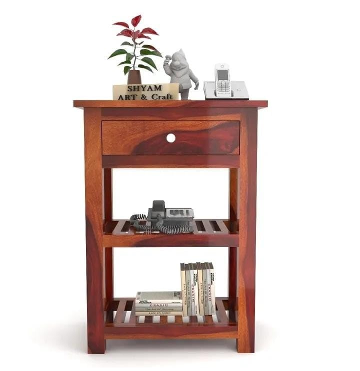 Image of SHYAM ART & CRAFT Sheesham Wood Bedside End Tables for Bedroom Living Room Telephone Table with 3 Drawers Storage Accent Table Office Furniture for Home | Brown