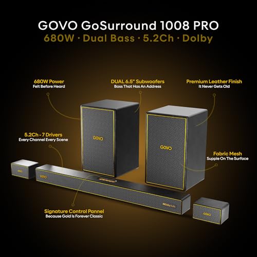 Image of GOVO GoSurround 1008 Pro, 5.2 Channel, 680W Soundbar with True Dolby Audio, 6.5 inch Dual Subwoofer, Wired Rear Satellites, HDMI /Optical /AUX /USB /Bluetooth, 3 EQ Modes, LED Display - Platinum Black