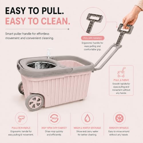 Image of Novita Premium 360 Spin Mop Bucket Set | Steel Jali with Heavy Smart System | Easy Rinse | Telescopic Microfiber Mop & Soap Dispenser |1+1 Refill | Pocha | Big Wheels | Removes Over 99%* Bacteria
