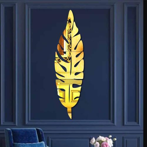 Image of Bikri Kendra - Banana Leaf Gold Mirror Stickers for Wall, Wall Mirror Stickers, 3D Acrylic Stickers, Plum Feather, Wall Stickers for Hall Room, Living Room Bed Room, Kitchen