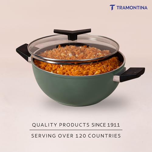 Image of TRAMONTINA Aura Extra Deep 28cm Kadai with Lid, 5.6L | Reinforced Ceramic Non-Stick Cookware | Quick & Even Heating | Low-Oil Cooking | Bakelite Handle | All Cooktop Compatible | Sea Green