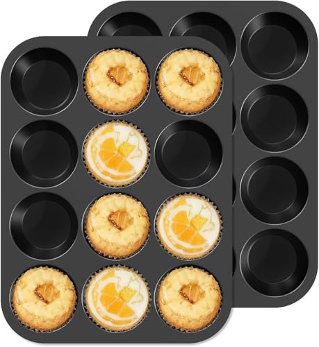 Ankway 2 Piezas Molde Magdalenas para 12 Magdalenas, Bandejas para Hornear Muffin con marco de metal para Muffins, Cupcake, Brownie, Pudín, Reutilizables, Negro
