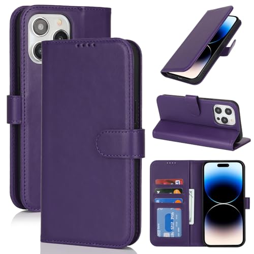 Image of for iPhone 14 Pro Max Case Wallet with Card Holder,for iPhone 14 Pro Max Wallet Case for Women Men,PU Leather Shockproof Magnetic Buckle Stand Flip Phone Case-Purple