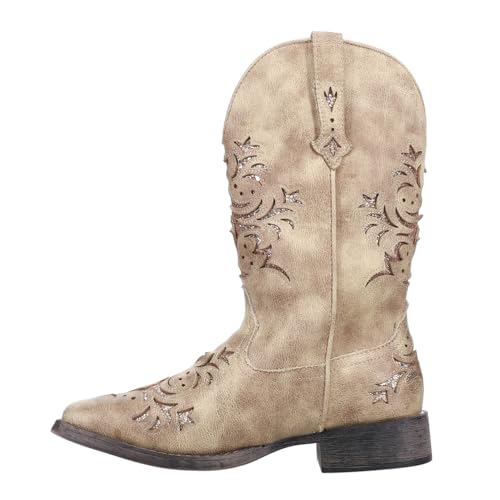 Image of ROPER Womens Kennedy Glitter Tooled Inlay Square Toe Pull On Casual Boots Mid Calf Low Heel 1-2 inch