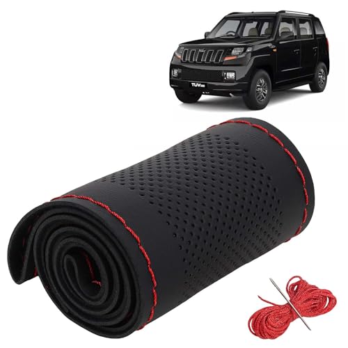 Image of KINGSWAY PU Leatherite Car Steering Cover Sewable Compatible with Mahindra TUV 300 (Year 2015 Onwards), Black Color with Red Thread, Pack of 1 with Sewing Needle and Thread