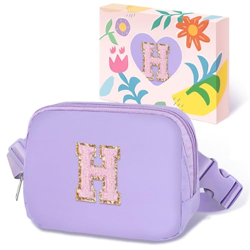 Image of COSHAYSOO Valentines Birthday Initial Gifts for Teen Girls 5 6 7 8 9 10 11 12 13 14 Year Old Purple Fanny Pack for Girls Belt Bag Crossbody Travel Purse Unique Trendy Preppy Stuff Chenille Letter H