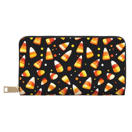 Halloween Candy Corn Print Wallet Women Men, Long PU Leather Wallets for Women, Cute Womens Travel Wallet Purse Pouch with Zipper Pocket