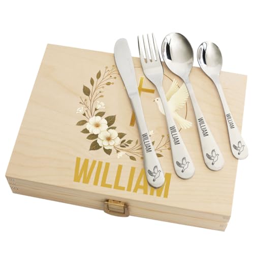Couverts Bébé Personnalisés Baptême avec Coffret – Set 4 Pièces en Inox Gravé Prénom – Motif Colombe – Cadeau Naissance Baptême Fille Garçon