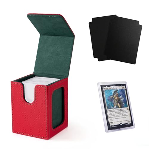 Image of Venssu MTG Deck Box with Commander Display, Card Deck Box Fits 100 Double Sleeved Cards, TCG with 2 Dividers and 1 Toploader (Red and Green)