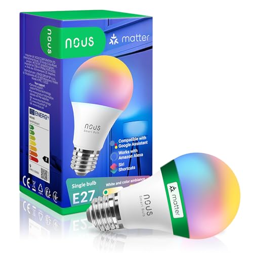 NOUS E27 RGB Matter Ampoule Connectee, LED WiFi Dimmable Couleur Ampoules Intelligente Avec Telecommande App, Compatible avec Alexa, Google Home, Home...