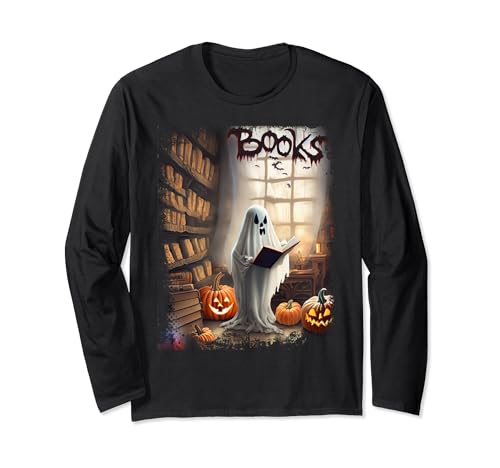 Vintage Ghost Book Reading Librarian Halloween Teachers Manche Longue