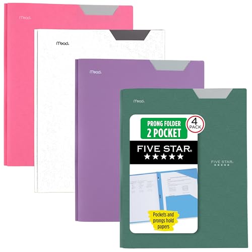 Image of Five Star 2-Pocket Plastic Folder with Stay-Put Tabs and Prong Fasteners, Holds 8.5 inch x 11 inch Paper, Assorted Colors, 4 Pack (340300B)