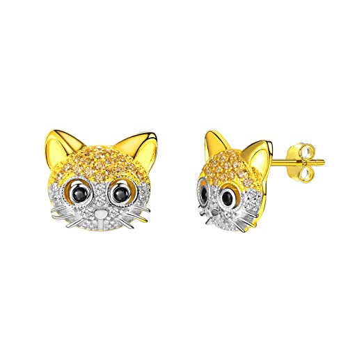 U7 Cat Stud Earrings Silver/Black/Silver/Gold Color,Birthstone Kitten Earrings, BarFaux Pearl Earrings Set, Women Teen Girls Gift 19.Gold Plated Silve