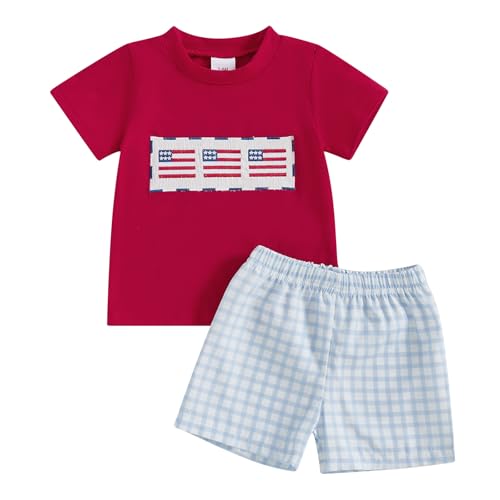 Image of 4th Of July Toddler Boy Outfit Popsicle American Flag T-Shirt and Gingham Plaid Shorts Set Independence Day Clothes