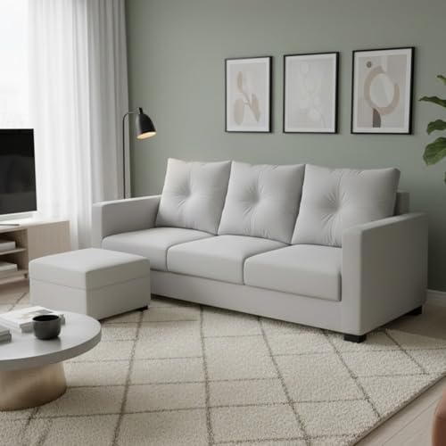 Image of FURNY Amonster 4 Seater L Shape Sofa Set with Movable Ottoman | Flexible Left or Right Layout | Plush Velvet Fabric (Light Grey) | Perfect for Living Room, Guest Room & Office