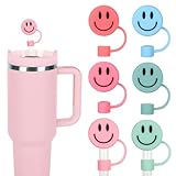 Whaline 6Pcs Smile Face Straw Covers Pink Green Silicone Reusable Round Straw Topper Gradient Color Double Sided Pattern Straws Tips Covers 10mm 0.4 Inch for 30 & 40 OZ Tumbler with Handle