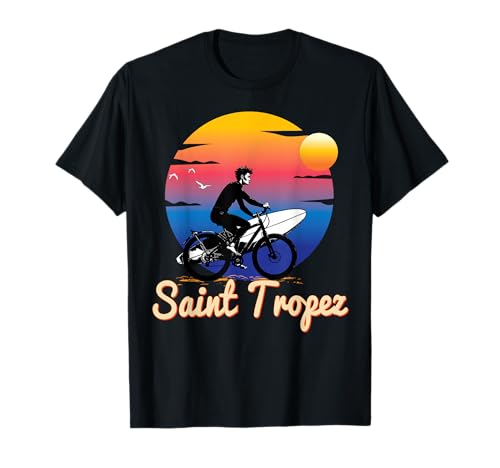 Saint Tropez Surfer on a bike with a surfboard T-Shirt