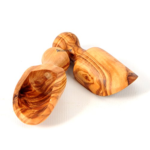 Olive Wood 3.25" Set Of 2 Wooden Bath Salt Scoops, Hand Carved Medium Size Wooden Seasoning Scoops #TOP5