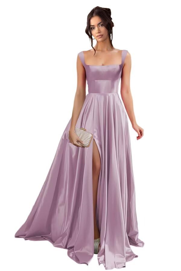 Dessiny Spaghetti Strap Satin Prom Dresses for Women with Slit Square Neck Aline Maxi Formal Dress 2025 DE325