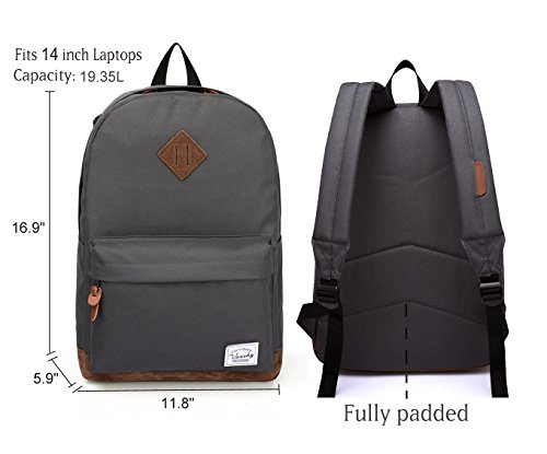 VASCHY School Backpack for College Students Casual Daypack with Padded 15 inch Laptop Compartment Dark Gray