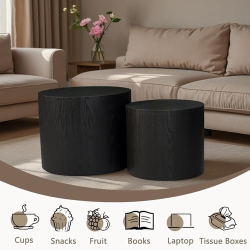 Modern Round Nesting Coffee Table Set of 2 - Non-Slip Feet, No Assembly, Matte Black Wood Side Tables for Small Spaces, Ideal for Living Room & Bedroom