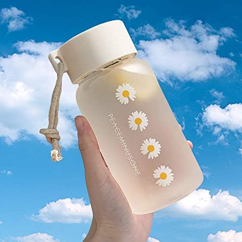 QOTSTEOS 500ml Plastic Water Bottle, Small Daisy Transparent/Frosted Water Bottles, Portable Tea Cup With Rope, Water Bottle With Leak Proof Lid for Sports Gym Home Travel(Matte 4 Flower)