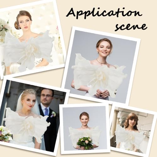 Beige Chiffon Ruffle Shawl Wrap Vintage Soft Sheer Silk Fabric Cape Pleated Floral Trimming Wave Edging Detachable Collar for Women Party Birthday Dresses Clothes Decoration Wedding Bridal4