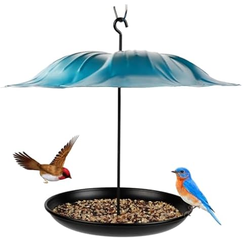 Dome Bird Feeder with roof for Outdoor Hanging Metal Covered Rain Proof Platform Bird Feeder with Large Metal Waterproof Dome and Metal Tray (Blue) Cover