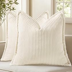 decorUhome Fall Corduroy Cream White Throw Pillow Covers 18x18 Set of 2 | Couch Decorative Soft Modern Boho Farmhouse Pillow Covers Broadside Striped Pillow Cases for Living Room Bed Sofa