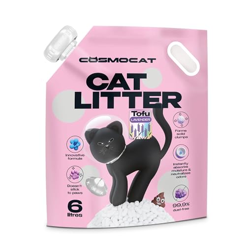 COSMOCAT Premium Tofu Cat Litter Natural & Hypoallergenic Fast Clumping & Flushable Ultra Absorbent with Strong Odor Control Low Dust & Low Tracking (Lavender 6L)