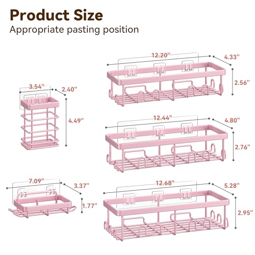 Image of YASONIC Shower Caddy Adhesive, 100% Rustproof Shower Organizer with Soap and Toothbrush Holder, Large Capacity Shower Shelves for Inside Shower, No Drill Shower Storage for Home (5 Pack Pink)