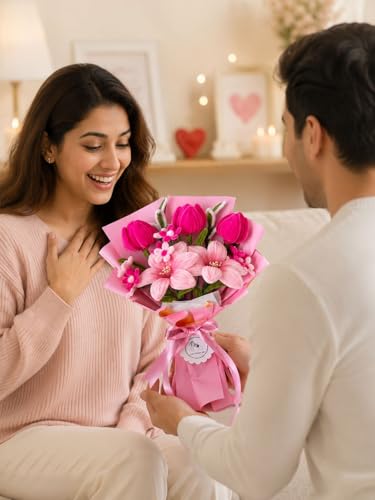 Image of Handmade Pink Pipe Cleaner Flower Bouquet-5 Flower,Forever Bouquet Gift for Birthday, Anniversary, Valentine's Day | Cute Aesthetic Floral Decor