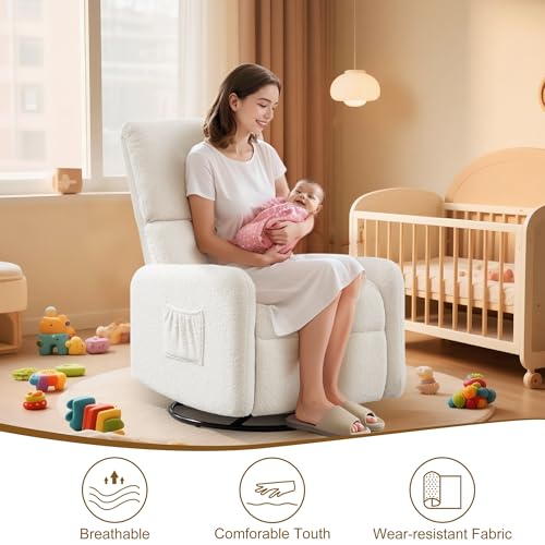 360° Swivel Glider Chair, Rocking Chair Nursery with Side Pockets, Deep Cushioned Seat, Nursery Chair with Steel Structure Base, Sherpa Swivel Chairs for Living Room, Bedroom, Baby Room - Image 6