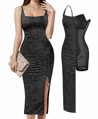 Popilush Sparkly Cocktail Dresses for Women Tummy Control Formal Shapewear Dress Square Neck Ruched Midi Dress Side Slit