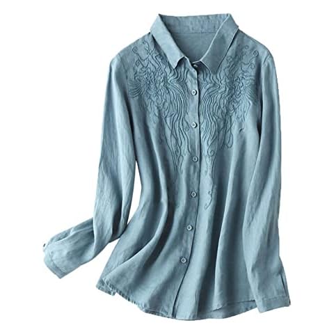 SHINROAD Women Blouse Turn-Down Collar Long Sleeve Shirt Loose Embroidered Solid Color Office Ladies top Clothing Blue L Cover