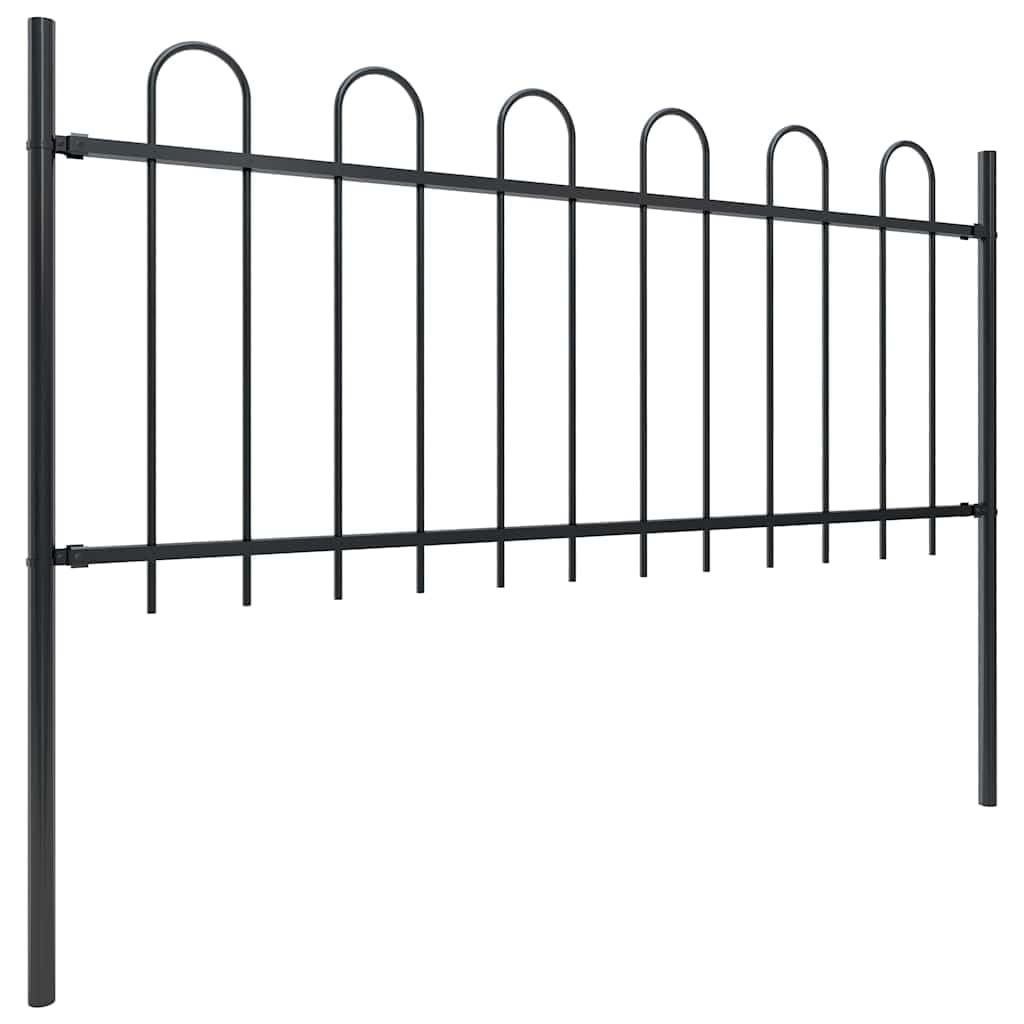 Garden Fence with Hoop Top Steel 1603.5x80 cm Black, 9 Panel Decorative Outdoor Metal Fence Panel Set, 15.3m Long Powder Coated Boundary Barrier for Yard Patio Walkway Security, Easy Assembly