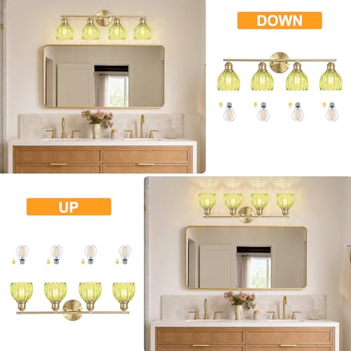 Image of Bathroom Light Fixtures, 4-Light Brushed Gold Vanity Lights for Bathroom with Green Tulip Glass Shade, 26 inch Vintage Bathroom Vanity Lighting Fixtures Over Mirror for Bedroom Living Room Hallway