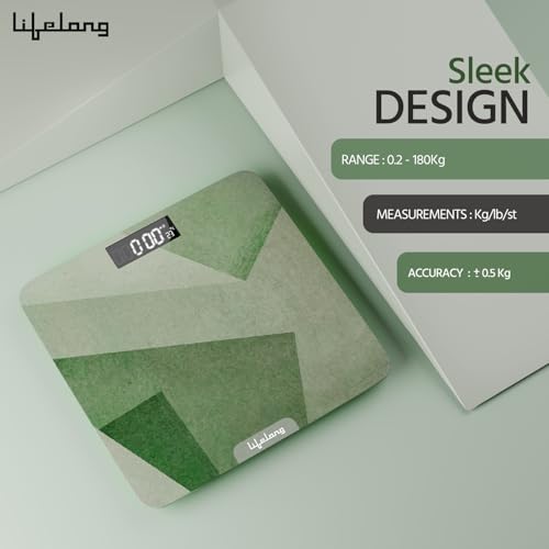 Image of Lifelong Weighing Machine with Backlit LCD Panel |Digital Weight Machine for Body Weight|Thick Tempered Glass with LCD Display|Bathroom Weighing Scale (Olive Green)