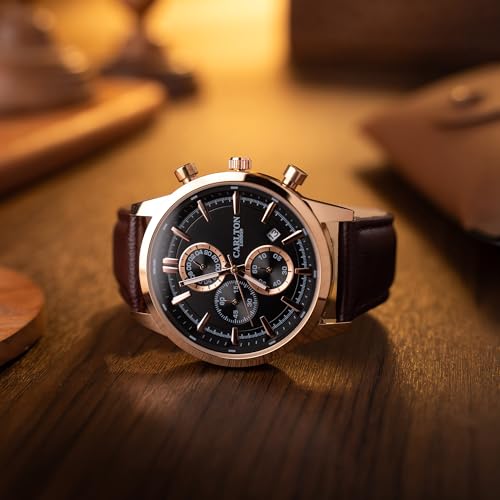 Image of Carlton London Windsor Men Analog Watch, Round Dial, Leather Strap, Quartz Movement, 43 mm Case, Slim Design, Lightweight Comfort, 30M Water Resistant, Casual Formal Wear