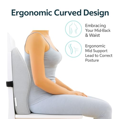 Image of Grin Health Back Support for Office Chair & Car, Memory Foam Orthopedic Back Rest Cushion for Back Pain Relief, Ideal Cushion for Spine Alignment and Posture Correction, Grey