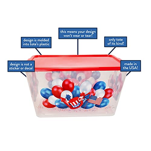 Image of SIMPLYKLEEN Storage Totes with Lids 4PC - Made in USA 14.5-Gallon Colorful Printed Decorative Design Storage Boxes Storage Bins with Lids Plastic Storage Containers for Organizer Red /Patriotic Balls