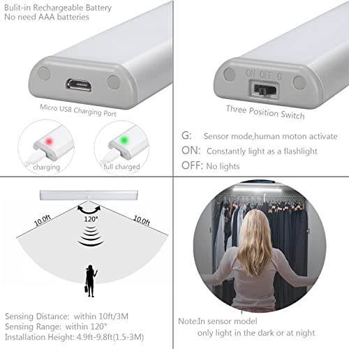 Image of Moston Set of 2 10 LED USB Rechargeable Magnetic Motion Sensor Night Light, Auto On /Off Cabinet Lighting, Portable Cordless Stick Anywhere for Cupboards Wardrobe (Silver Cabinet Light)
