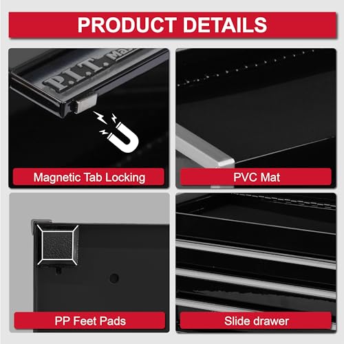 P.I.T. Mini Black Tool Box, Portable 3 Drawer Steel Tool Box with Magnetic Tab Locking, Black Micro Top Chest with Liner for Tools Storage, Home DIY