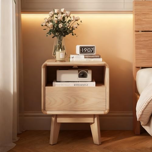 Image of NKGIAG Solid Wood Nightstand, Mid-Century Modern Night Stand with Drawer & Open Shelf, Compact Bedside Tables for Bedroom, Office, Small Spaces, Light Natural Finish, Pre-Assembled