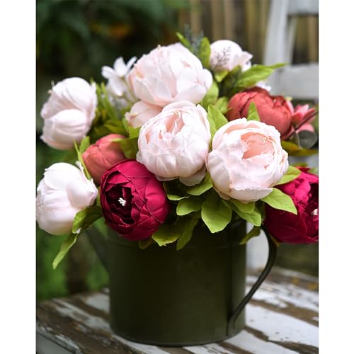Image of FiveSeasonStuff Burnt Pink and Dusty Pink Vintage Artificial Peonies Silk Flowers and Hydrangeas for Wedding Bridal Home Decor - Beautiful Floral Centerpiece Bouquet (Fireside Romance)